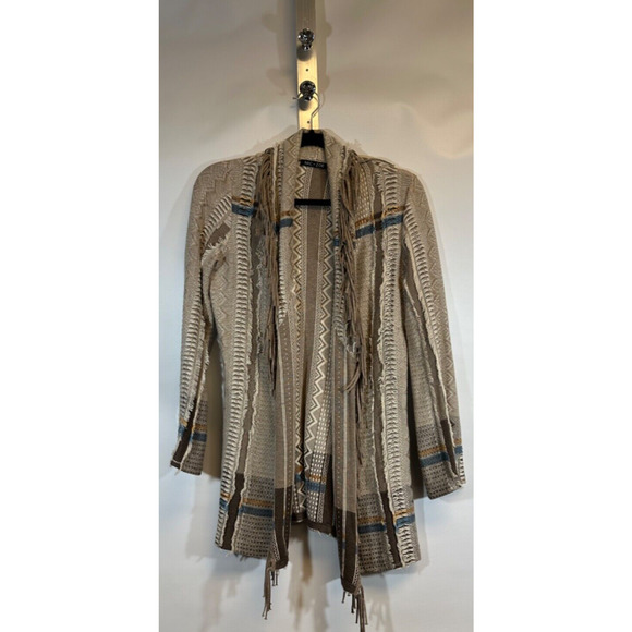 Nic + Zoe Open Front Drape Cardigan Fringe Print Brown size S Womens Aztec D28 - Picture 1 of 6